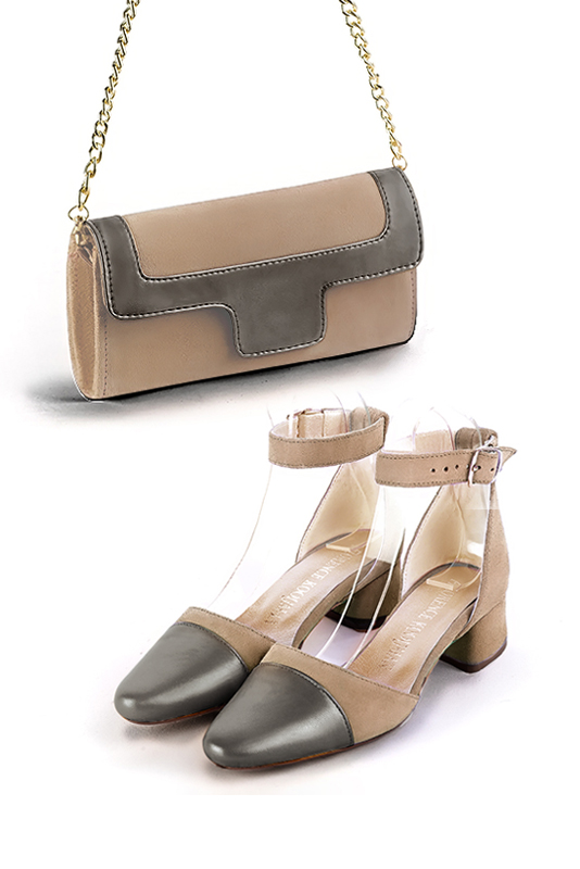 Taupe brown and tan beige women's open side shoes, with a strap around the ankle. Round toe. Low flare heels. Top view - Florence KOOIJMAN